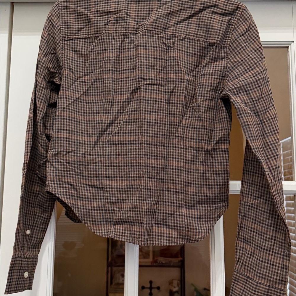 GAP Women’s XS Fitted Cropped Plaid Cotton Button-Up Shirt Brown Blue Beige - Picture 4 of 8